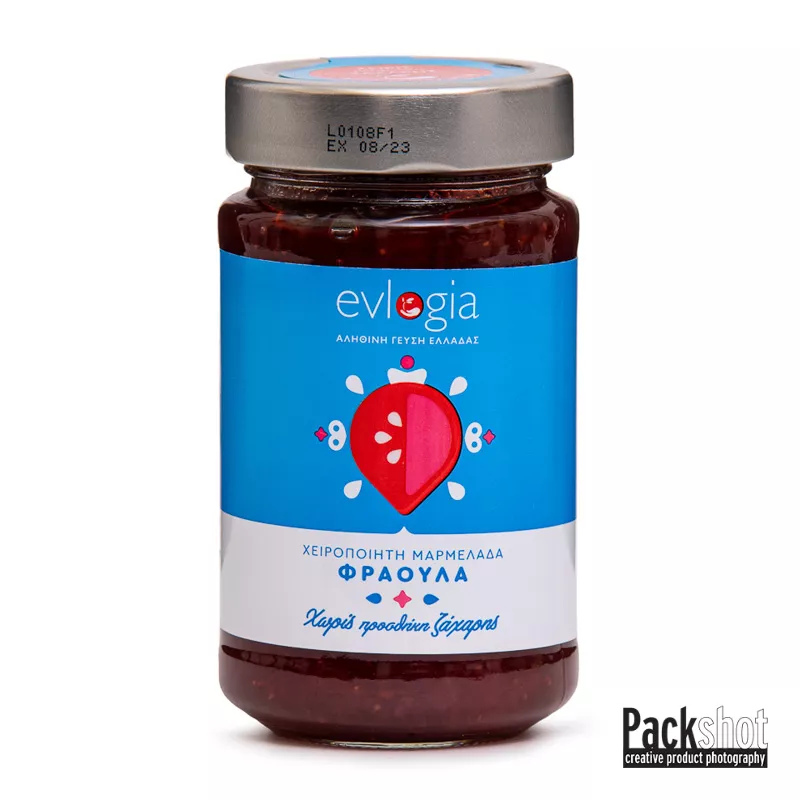 φωτογράφιση χειροποίητη μαρμελάδα φράουλα χωρίς ζάχαρη, μπροστινή όψη.