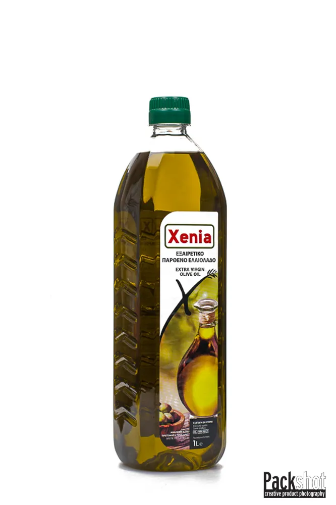 Φωτογράφιση Συσκευασία Ελαιόλαδου XENIA, 500ml, μπροστά γωνία λήψη.