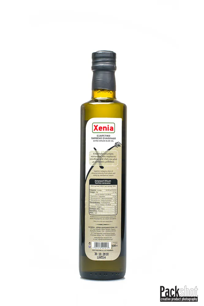 Φωτογράφιση Συσκευασία Ελαιόλαδου XENIA, 500ml, γυάλινη συσκευασία, πίσω όψη.