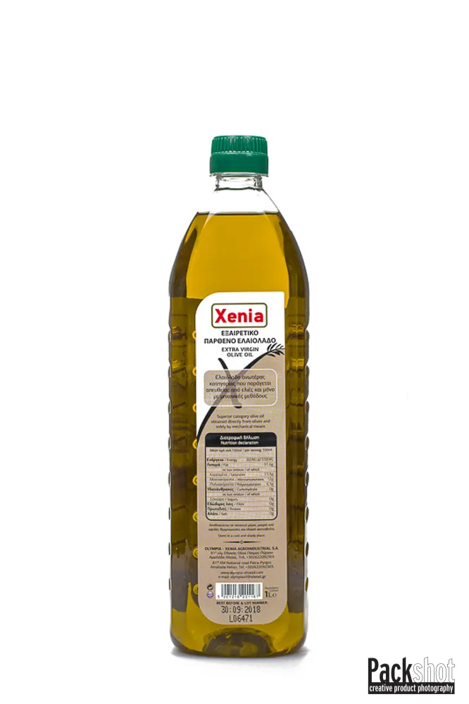 Φωτογράφιση Συσκευασία Ελαιόλαδου XENIA, 500ml, πίσω όψη.